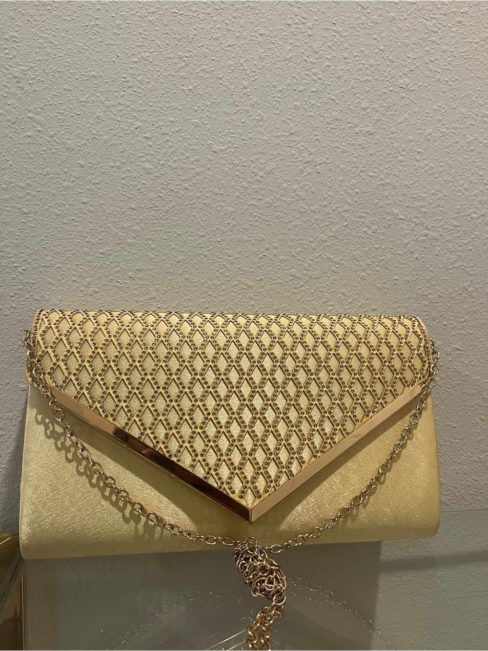 Gold Embellished Evening Clutch with Chain
